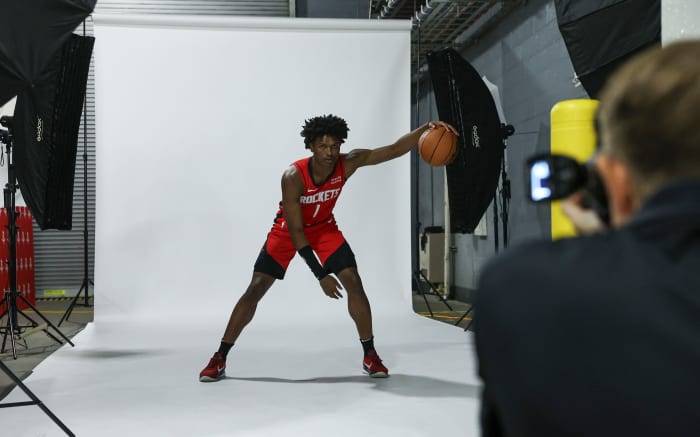 Rockets Amen Thompson during Rockets media day at Toyota Center. Mandatory Credit: Troy Taormina-USA TODAY Sports
